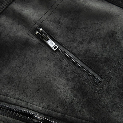 Men's Winter Moto Jacket with Distressed Leather Finish and High-Neck Collar