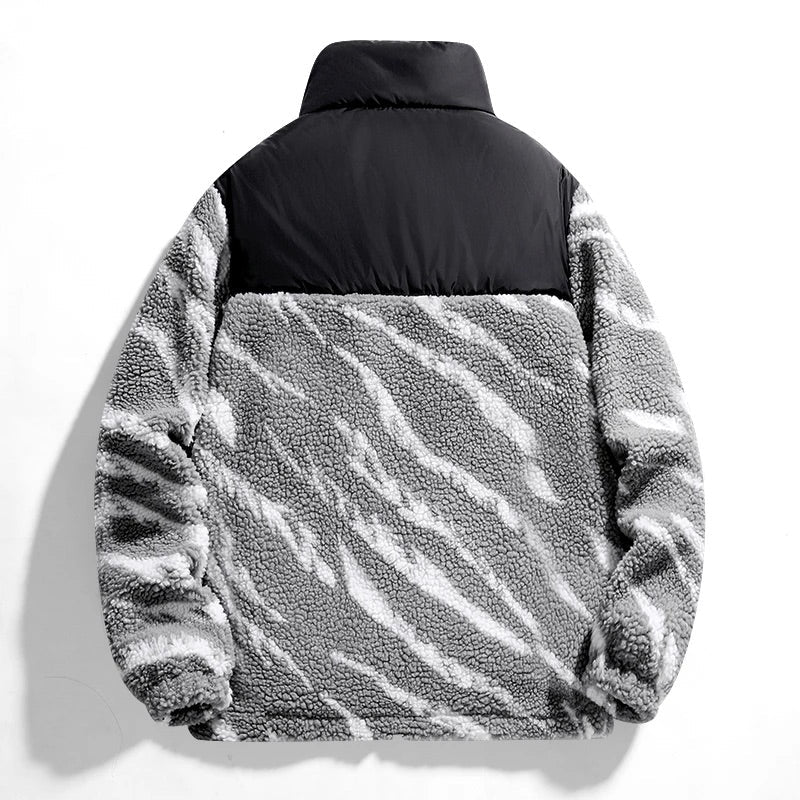 Men's Winter Sherpa Lined Zip Jacket with Animal Print and High Neck Collar