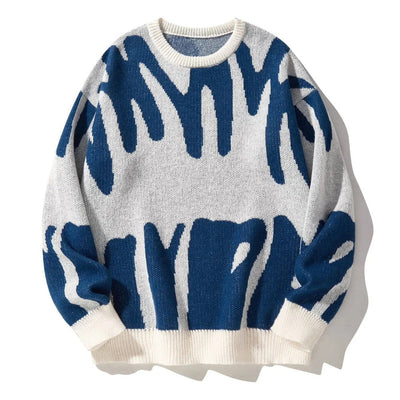 Men's Knitted Sweater with Abstract Pattern and Ribbed Trim