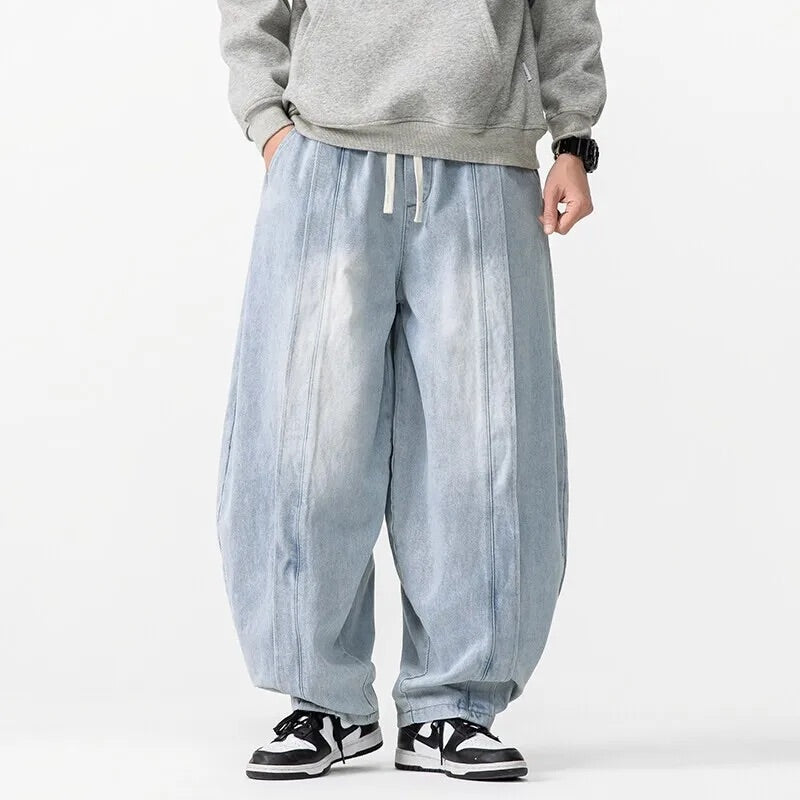 Men Ultra-Baggy Wide-Leg Jeans with Adjustable Drawstring Waist and Acid Wash