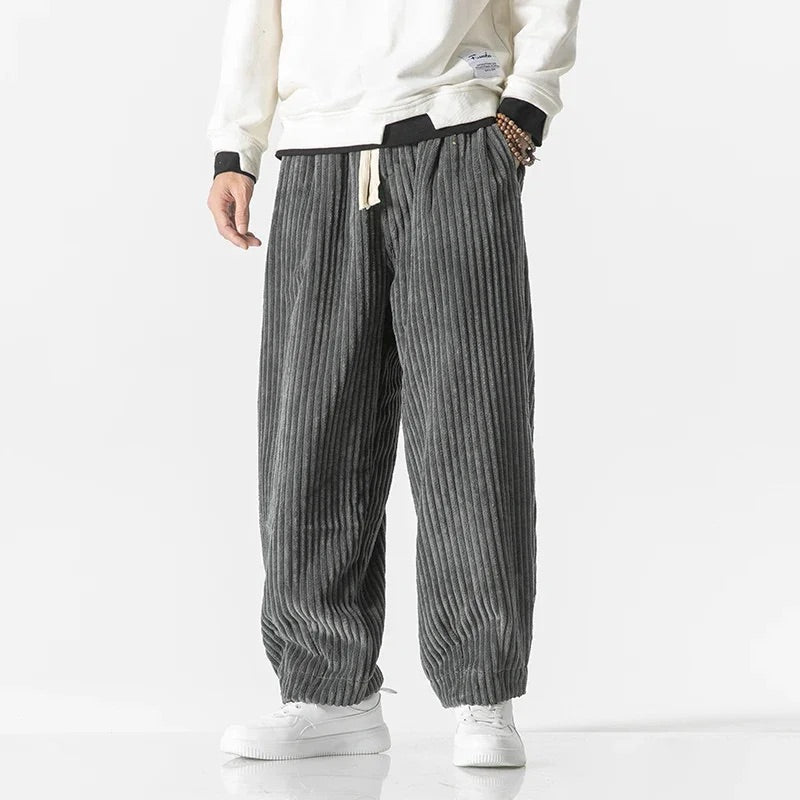 Men Corduroy Pants with Wide-Wale Texture and Adjustable Waist