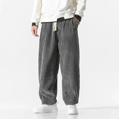 Men Corduroy Pants with Wide-Wale Texture and Adjustable Waist