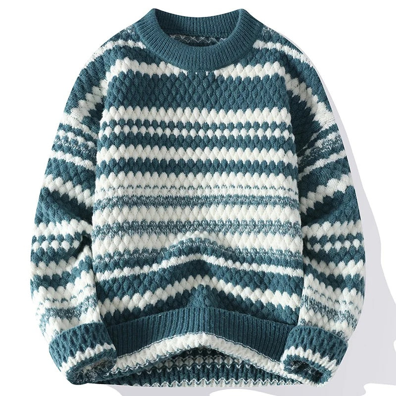 Men's Knitted Sweater with Italian Textured Pattern and Double-Stitch Detail
