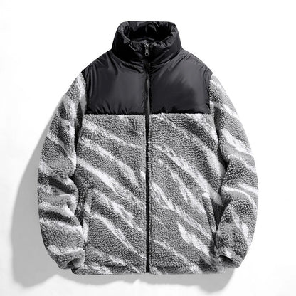 Men's Winter Sherpa Lined Zip Jacket with Animal Print and High Neck Collar