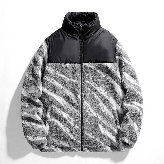Men's Winter Sherpa Lined Zip Jacket with Animal Print and High Neck Collar