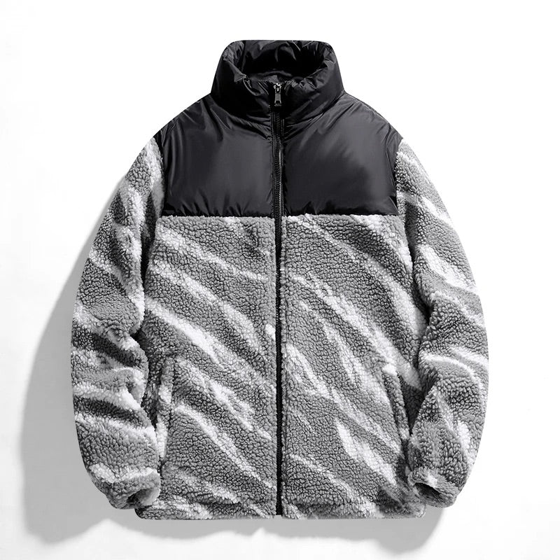 Men's Winter Sherpa Lined Zip Jacket with Animal Print and High Neck Collar