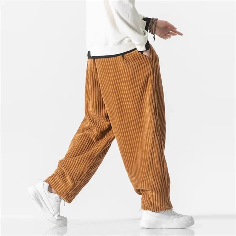 Men Corduroy Pants with Wide-Wale Texture and Adjustable Waist