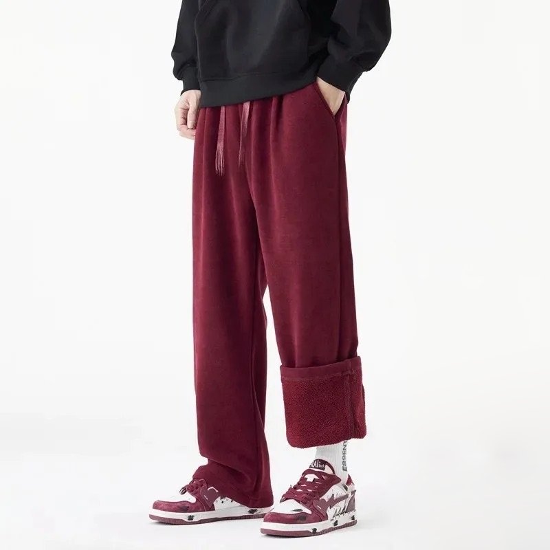 Men Winter Fleece-Lined Pants with Drawstring Waist and Straight Leg