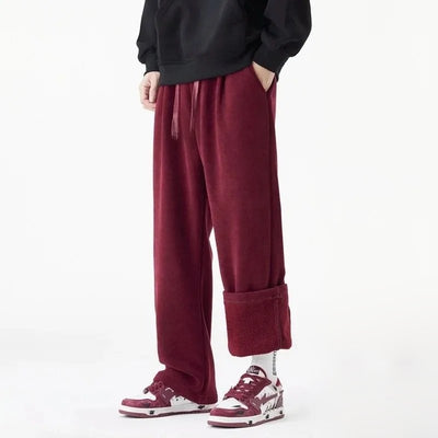 Men Winter Fleece-Lined Pants with Drawstring Waist and Straight Leg