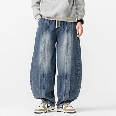 Men Ultra-Baggy Wide-Leg Jeans with Adjustable Drawstring Waist and Acid Wash