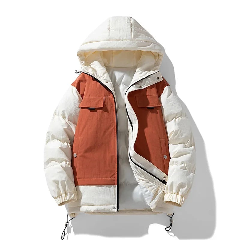 Men's Winter Puffer Jacket with Colorblock Design and Adjustable Hood