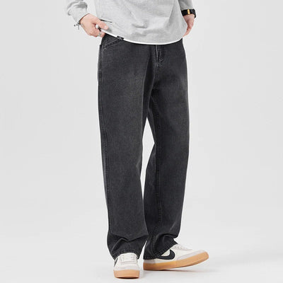 Men Denim Jeans Loose Fit Mid Waist Drawstring Elastic