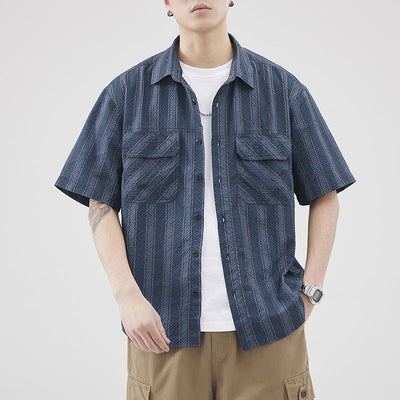 Men's Summer Short Sleeve Cardigan Seersucker Striped Texture Lightweight