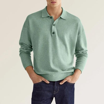 Men’s Autumn Long Sleeve V-Neck Button Polo Shirt Loose Fit Hemp Blend