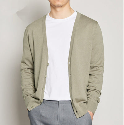 Men Cardigan V-Neck Solid Color Long Sleeve