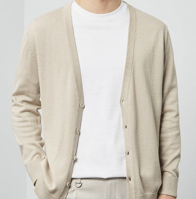 Men Cardigan V-Neck Solid Color Long Sleeve