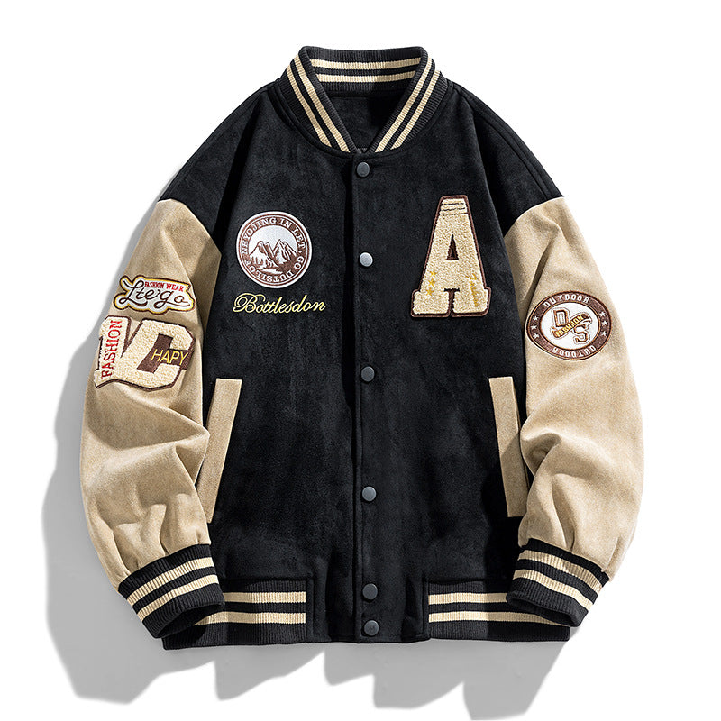 Men Autumn Baseball Jacket With Letter Patches And Side Pockets