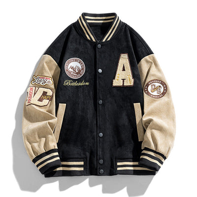 Men Autumn Baseball Jacket With Letter Patches And Side Pockets