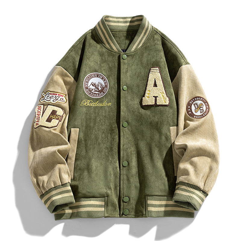 Men Autumn Baseball Jacket With Letter Patches And Side Pockets