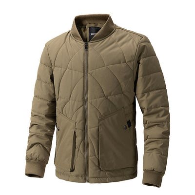 Men Autumn Padded Plaid Jacket With Stand Collar And Lightweight Construction