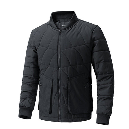 Men Autumn Padded Plaid Jacket With Stand Collar And Lightweight Construction