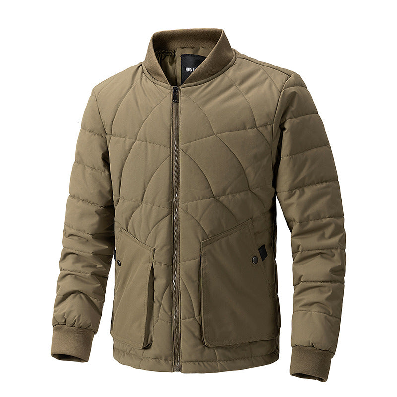 Men Autumn Padded Plaid Jacket With Stand Collar And Lightweight Construction