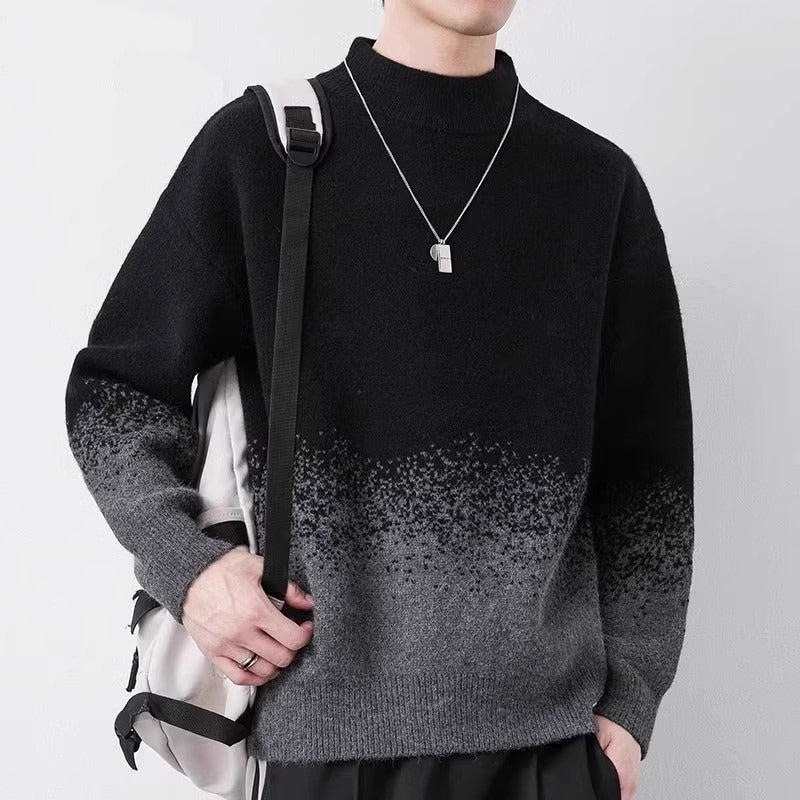 Men Winter Pullover Sweater Gradient Color Thick Knit Long Sleeve