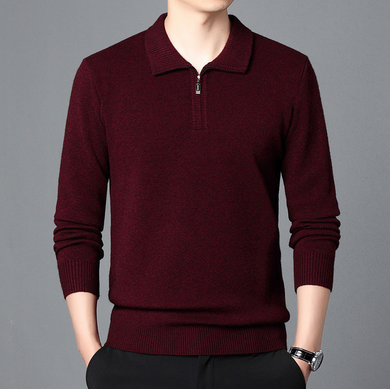 Men Spring Knit Pullover Lapel Collar Long Sleeve Loose Fit