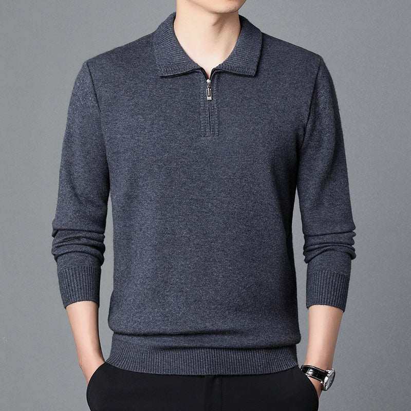 Men Spring Knit Pullover Lapel Collar Long Sleeve Loose Fit