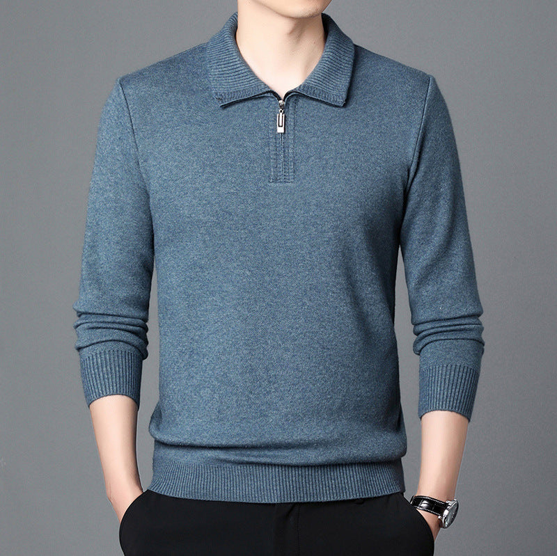 Men Spring Knit Pullover Lapel Collar Long Sleeve Loose Fit