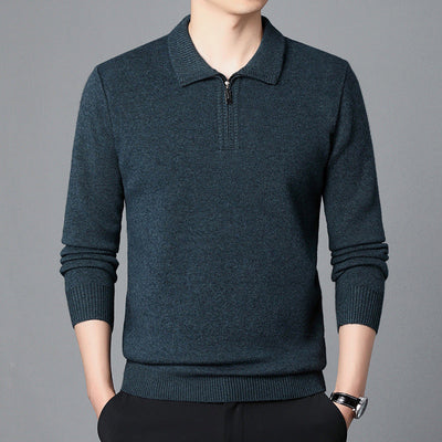 Men Spring Knit Pullover Lapel Collar Long Sleeve Loose Fit