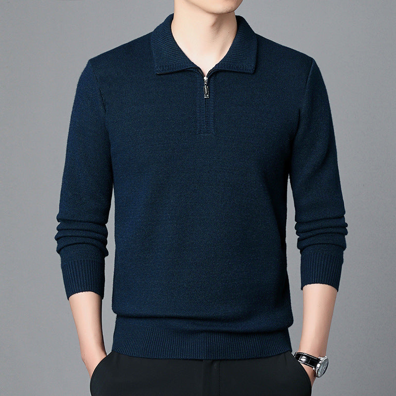 Men Spring Knit Pullover Lapel Collar Long Sleeve Loose Fit