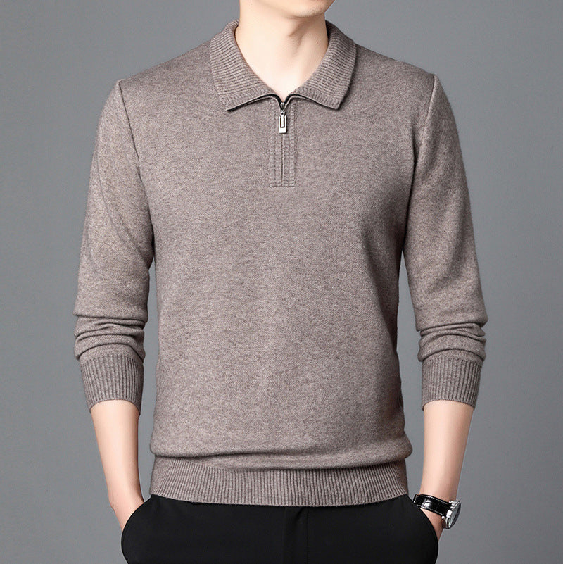 Men Spring Knit Pullover Lapel Collar Long Sleeve Loose Fit