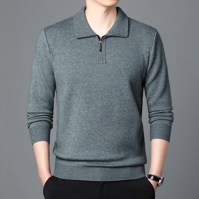 Men Spring Knit Pullover Lapel Collar Long Sleeve Loose Fit