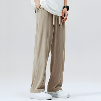 Men Pleated Drawstring Trousers with Straight Leg