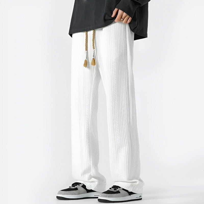 Men Straight-Leg Pants with Adjustable Waistband and Textured Ribbed Design
