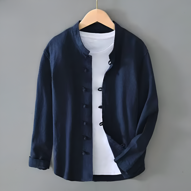 Men’s Slim Fit Shirt with Fabric-Covered Buttons and Garment-Wash Finish