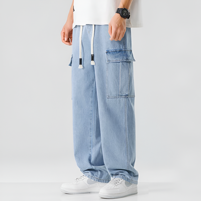 Men's Relaxed-Fit Straight-Leg Cargo Jeans with Stretch Fabric and Adjustable Waist
