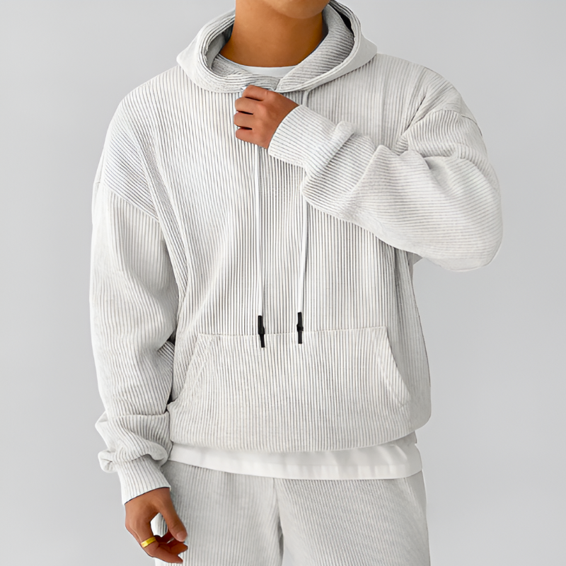 Men's Ribbed Cotton Hoodie with Oversized Hood and Kangaroo Pocket