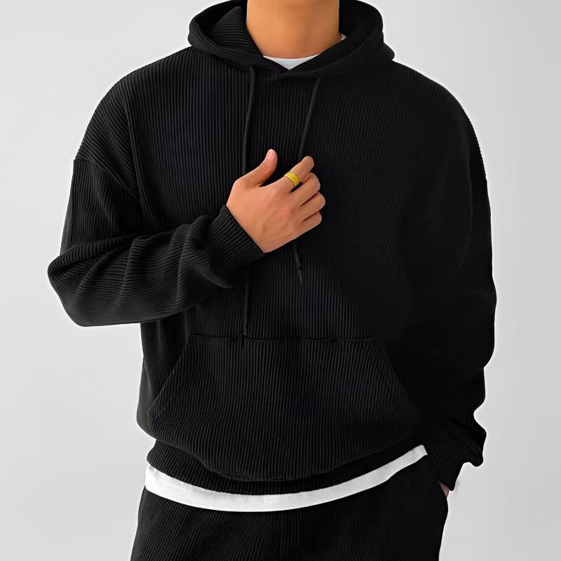 Men's Ribbed Cotton Hoodie with Oversized Hood and Kangaroo Pocket