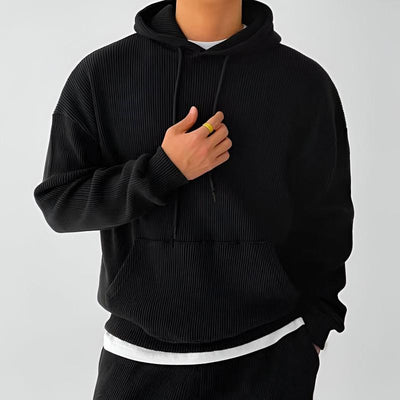 Men's Ribbed Cotton Hoodie with Oversized Hood and Kangaroo Pocket