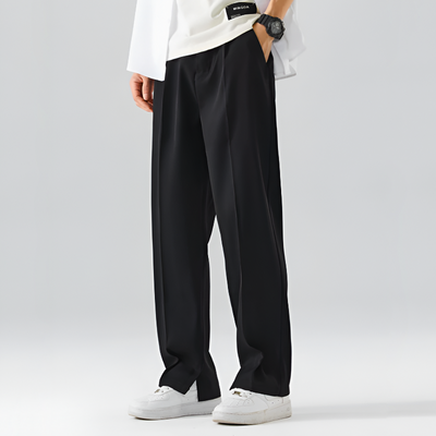Men Pleated Trousers with Split Ankle Hem in Lightweight Stretch Fabric