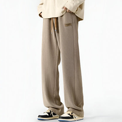 Men Ribbed Pants with Elastic Drawstring Waist and Side Pockets