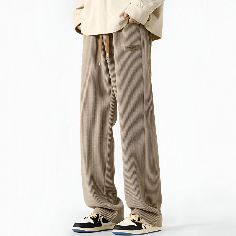 Men Ribbed Pants with Elastic Drawstring Waist and Side Pockets