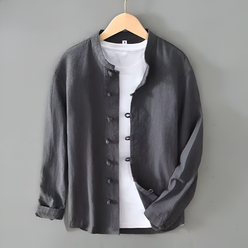 Men’s Slim Fit Shirt with Fabric-Covered Buttons and Garment-Wash Finish