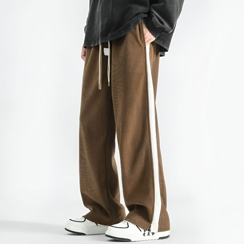 Men Woven Pleated Trousers with Straight Leg and Rib-Knit Fabric
