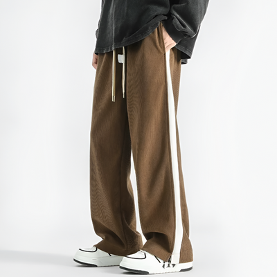 Men Woven Pleated Trousers with Straight Leg and Rib-Knit Fabric