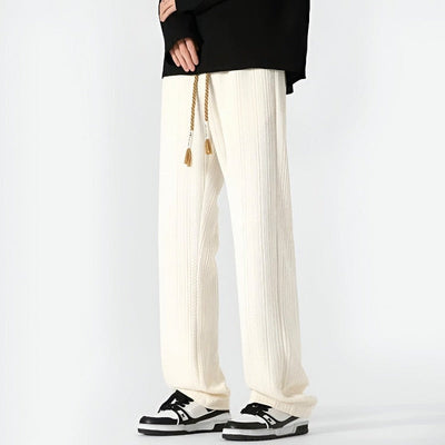 Men Straight-Leg Pants with Adjustable Waistband and Textured Ribbed Design