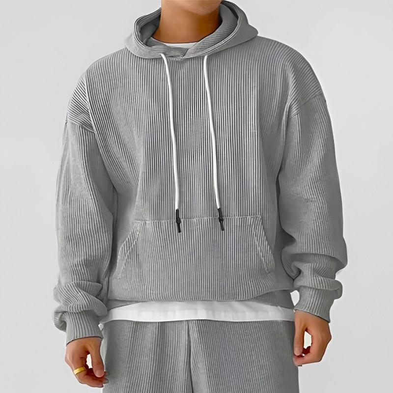 Men's Ribbed Cotton Hoodie with Oversized Hood and Kangaroo Pocket