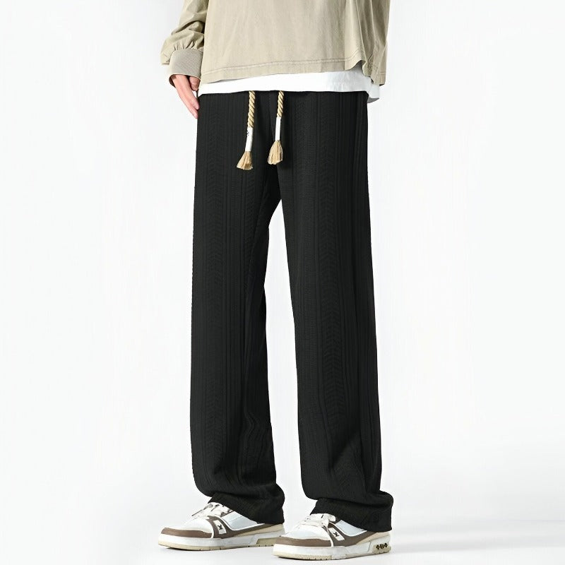 Men Straight-Leg Pants with Adjustable Waistband and Textured Ribbed Design